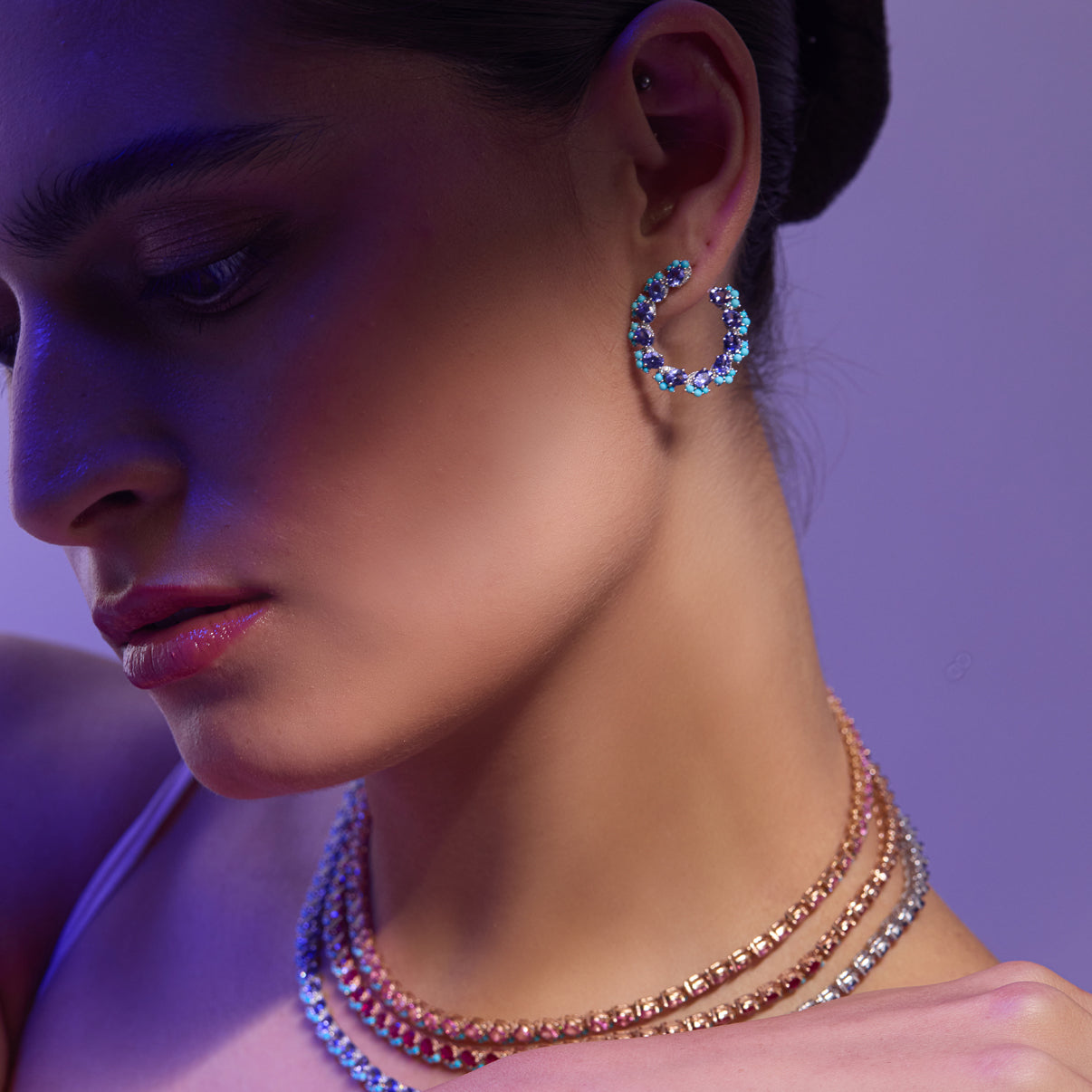 Tanzanite Turquoise Cluster C Hoop Earrings