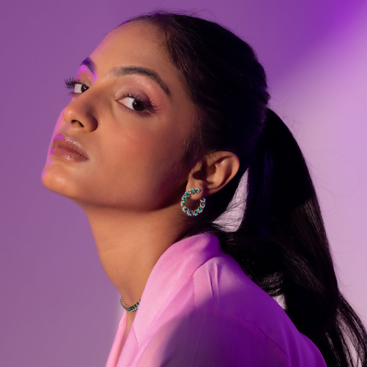 Emerald Turquoise Cluster C Hoop Earrings