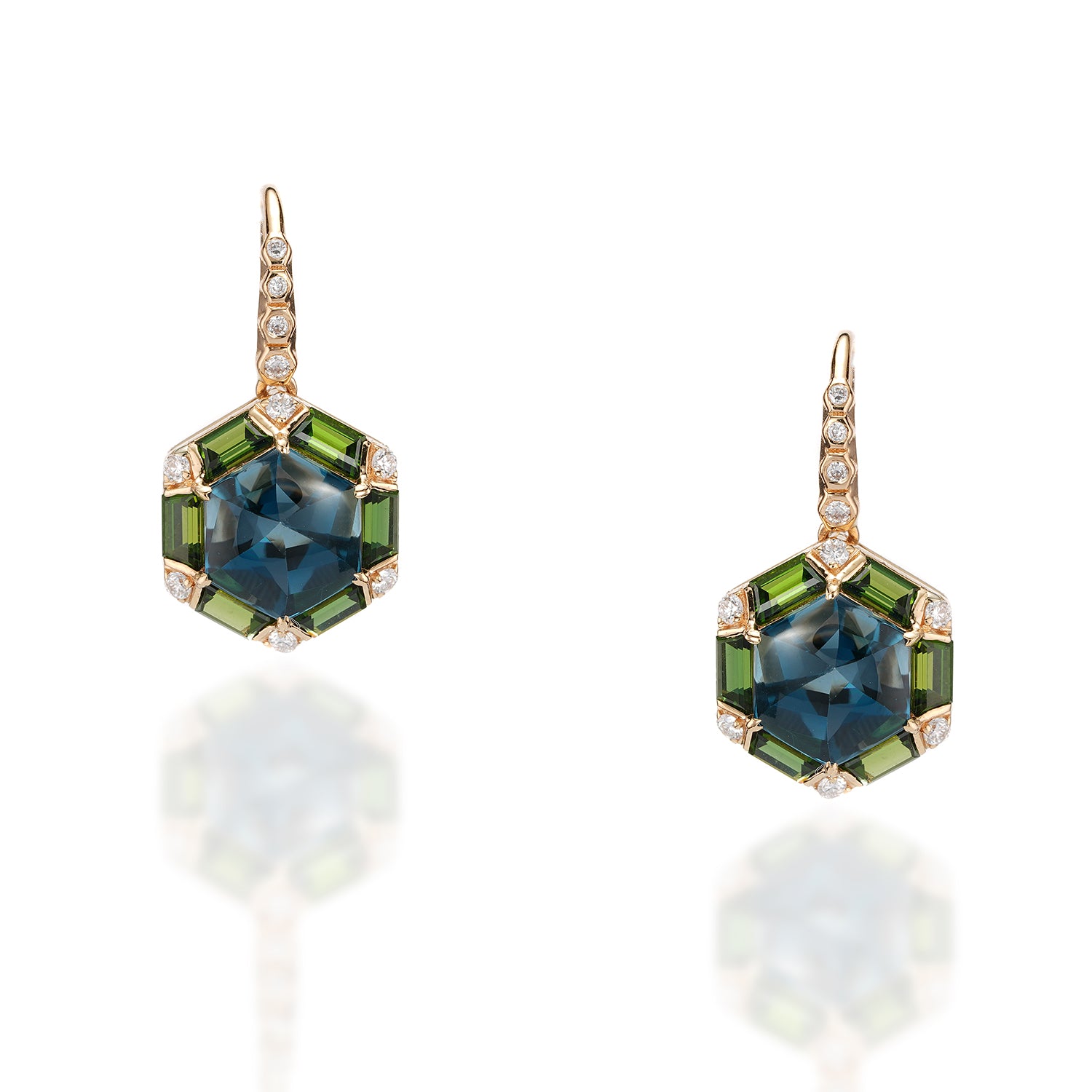 London Blue Topaz, Green Tourmaline Drop Earrings