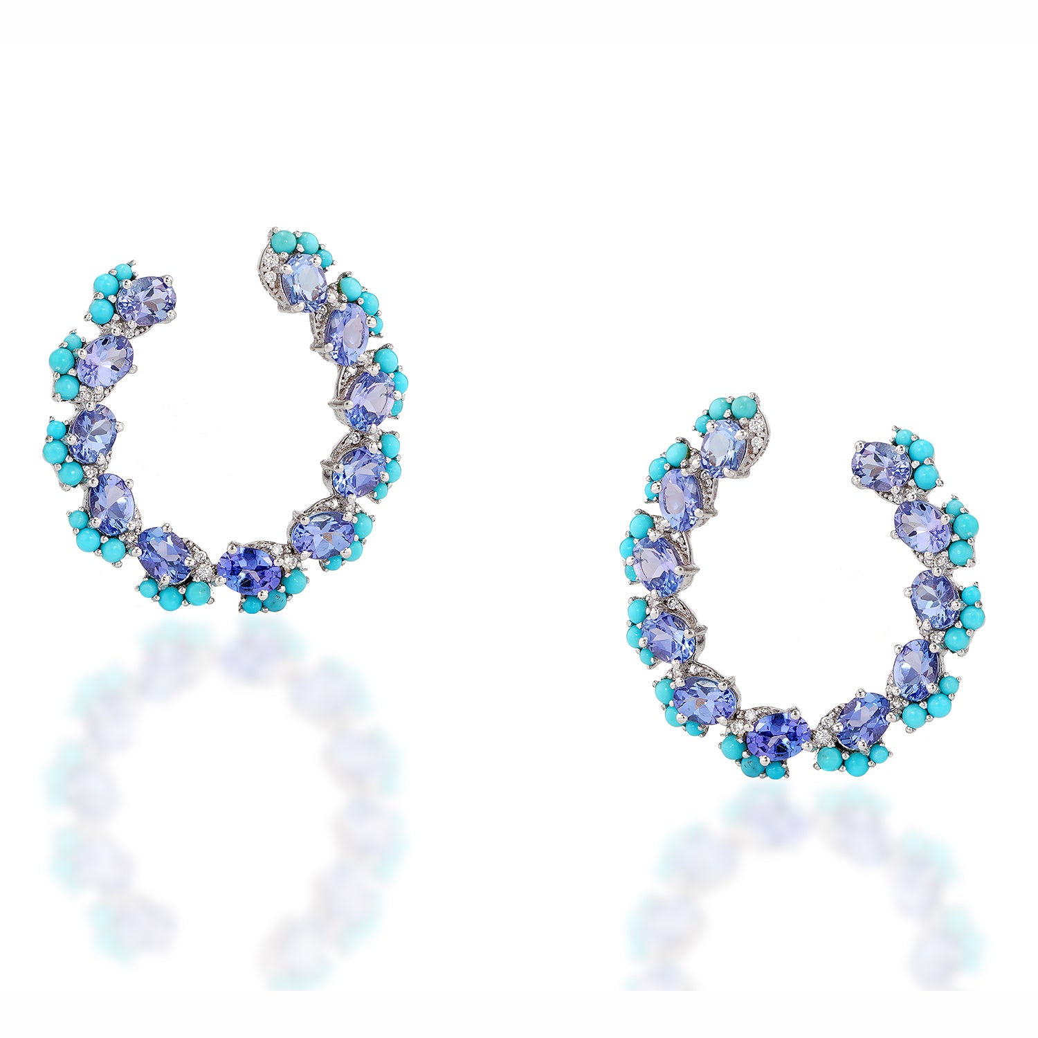 Tanzanite Turquoise Cluster C Hoop Earrings
