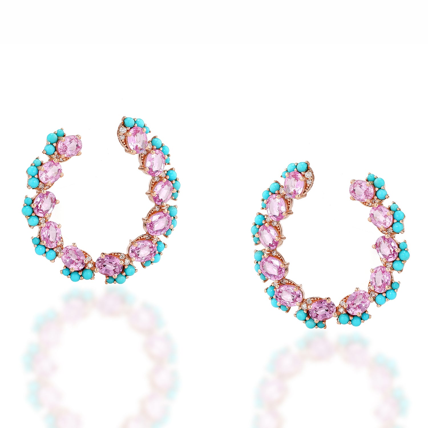 Pink Sapphire Turquoise Cluster C Hoop Earrings