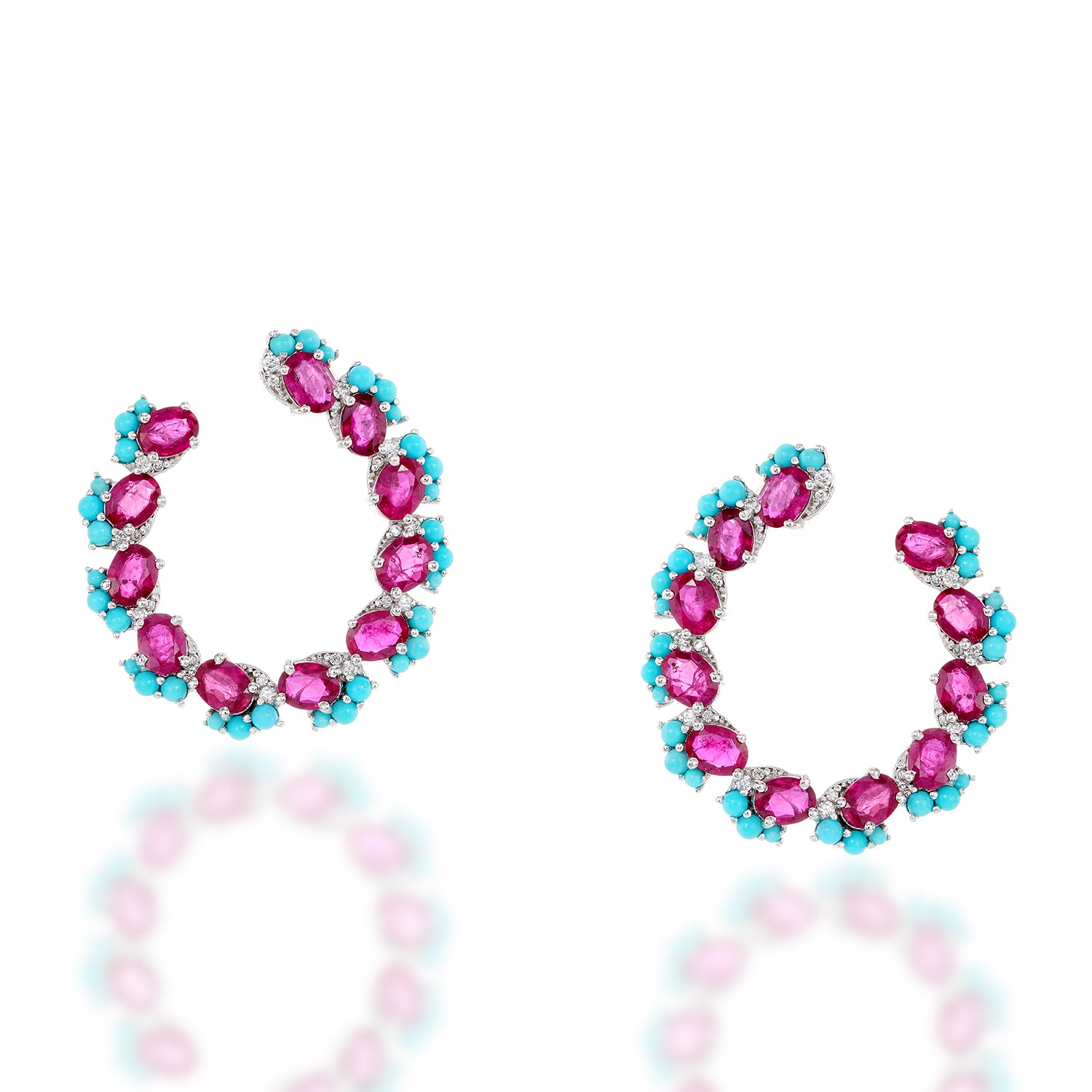 Ruby Turquoise Cluster C Hoop Earrings