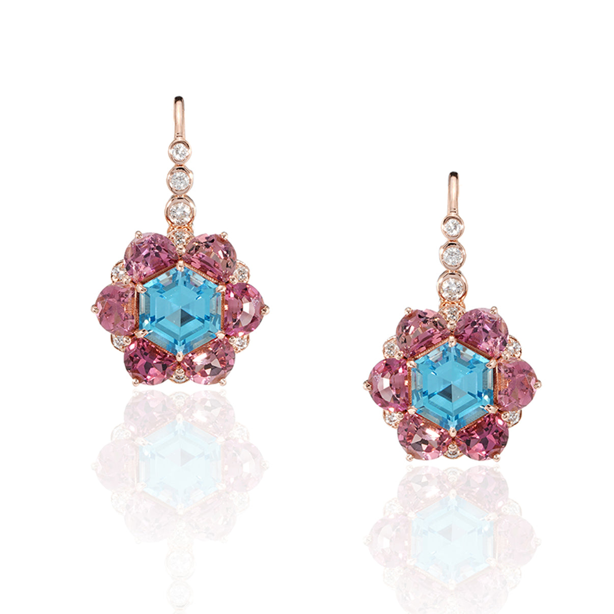 Swiss Blue Topaz, Pink Tourmaline Drop Earrings