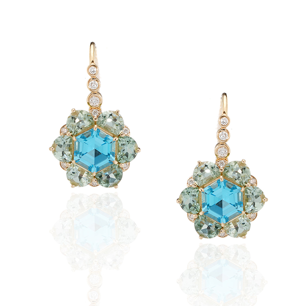 Swiss Blue Topaz, Green Tourmaline Drop Earrings