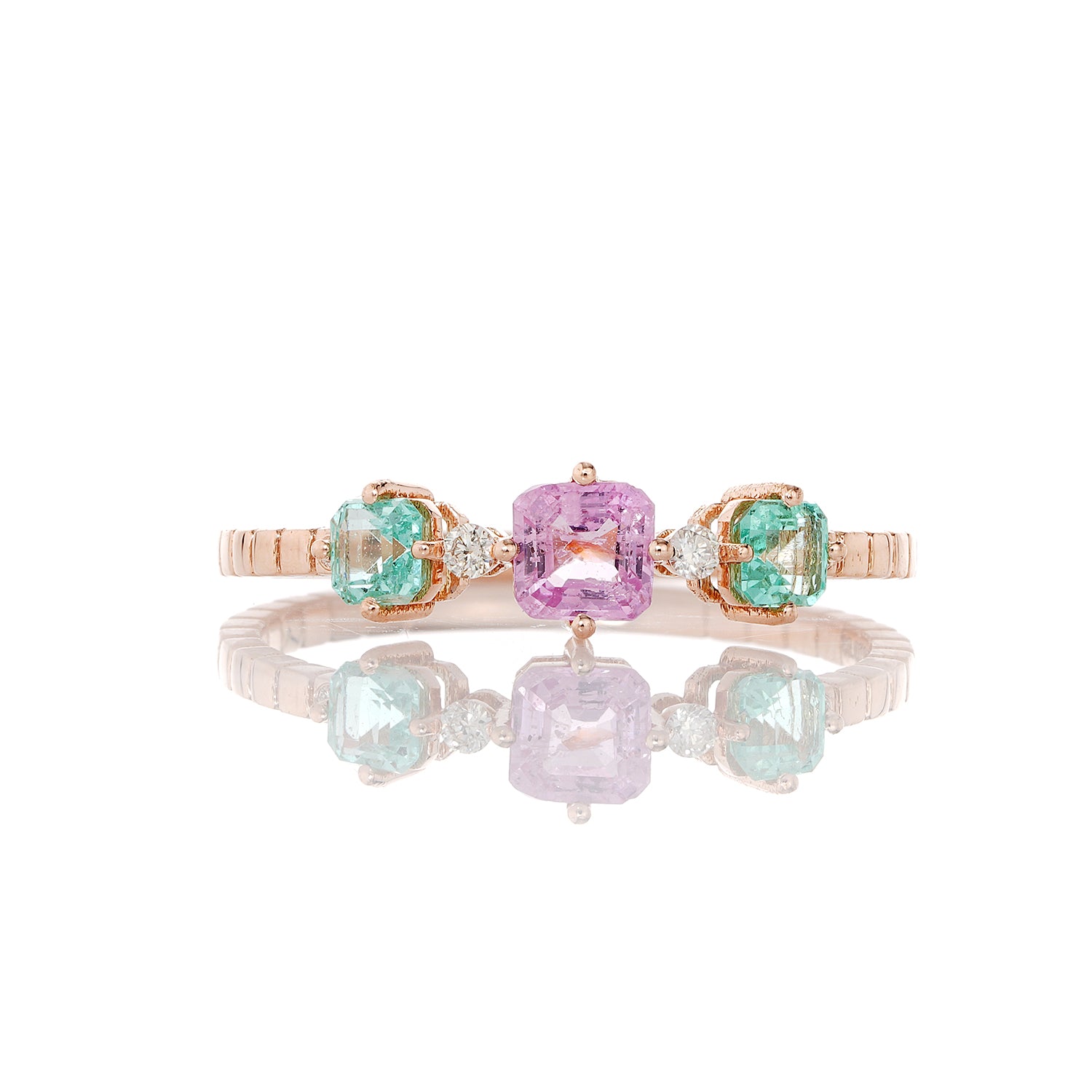 Pink Sapphire, Emerald Trinity Stack Ring